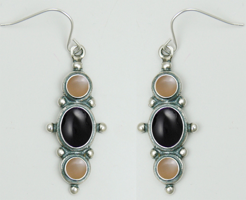 Sterling Silver Drop Dangle Earrings With Black Onyx And Peach Moonstone